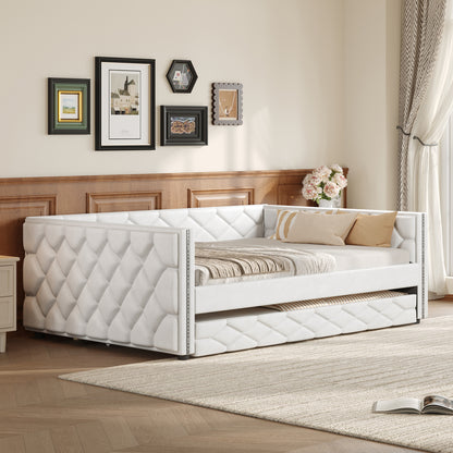 Full XL Size Upholstered Daybed with Trundle and LED, White image 3