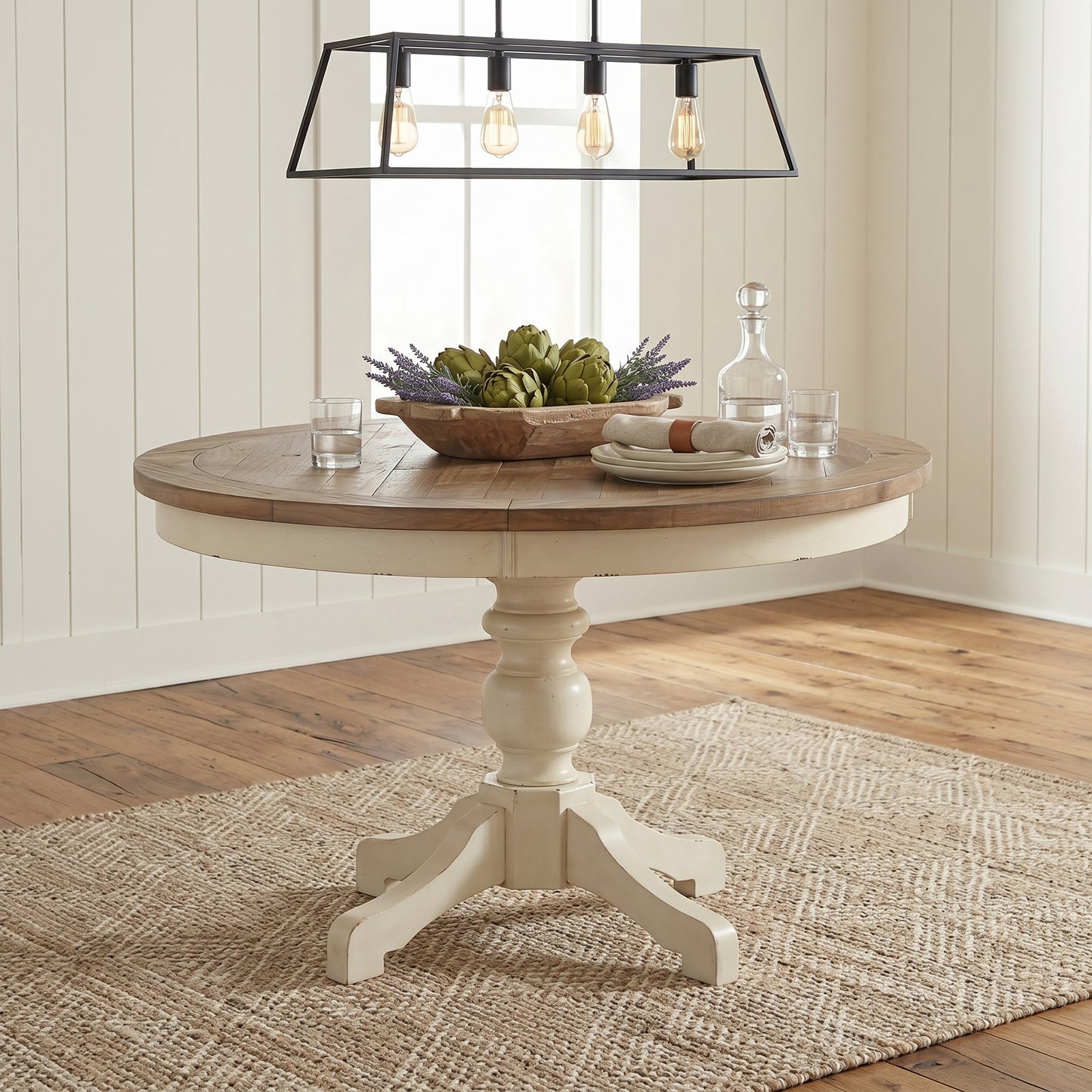 Prato Round Antique White and Distressed Oak Two-tone Finish Wood Dining Table image 1