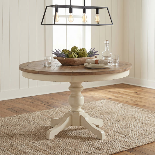 Prato Round Antique White and Distressed Oak Two-tone Finish Wood Dining Table image 1