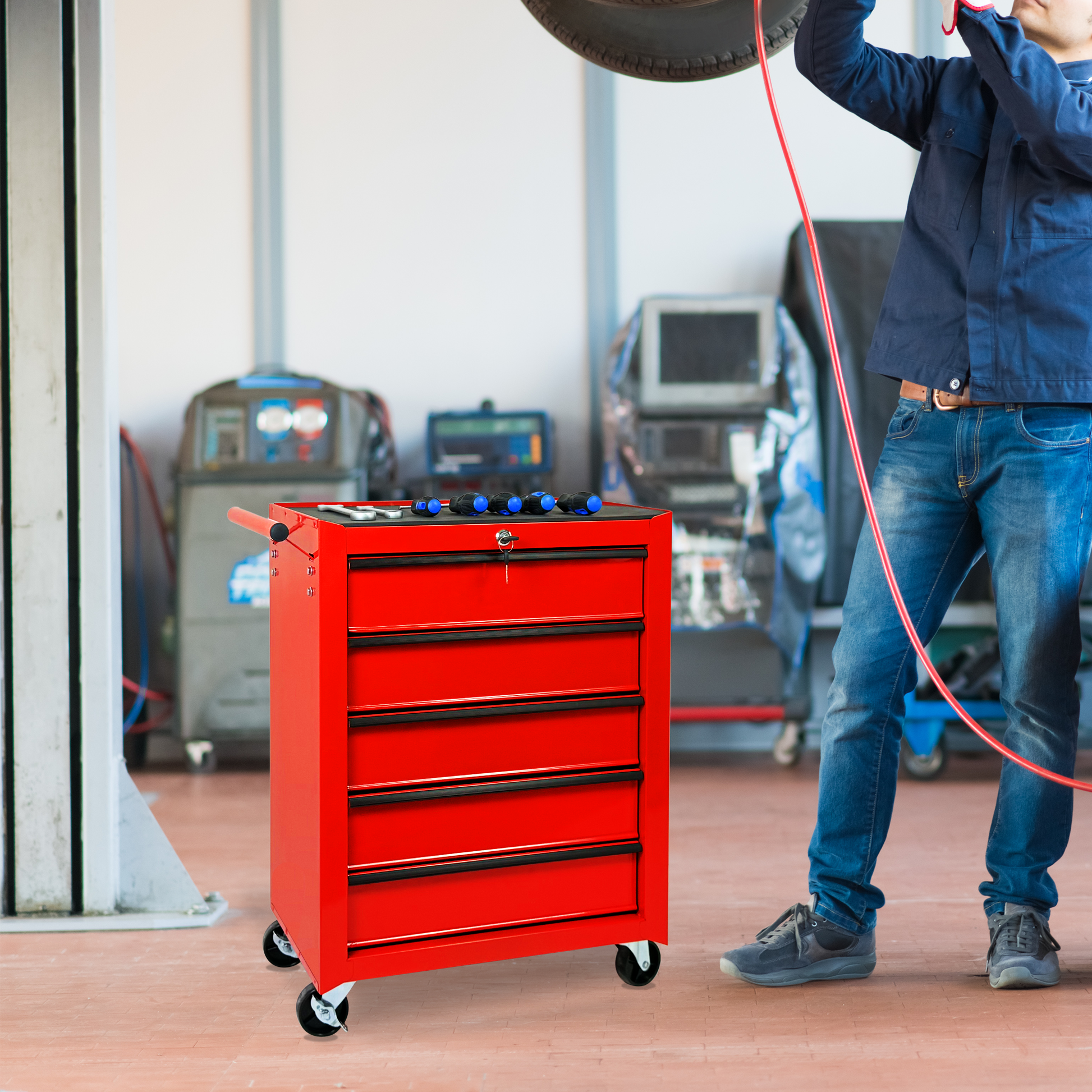 Rolling Metal Tool Chest with 5 Drawers, 20" 5-Drawer Tool Chest Cabinet with Ball Bearing Drawer Slides, Steel Tool Storage Box Organizer-RED image 2