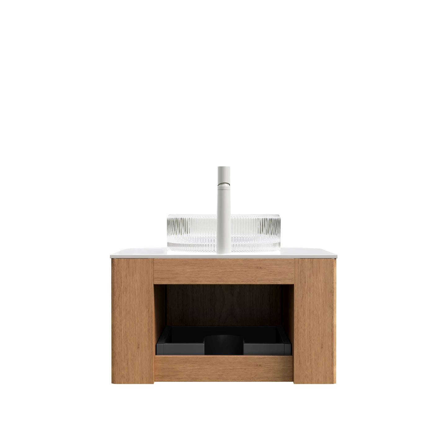 DINA 24" Bathroom Vanity with Sink, Wall-Mounted Floating Curved Edges Striped Storage Cabinet with Drawer, Transparent Round Glass Basin and Countertop, Pre-assembled, Natural Woodgrain Color image 4