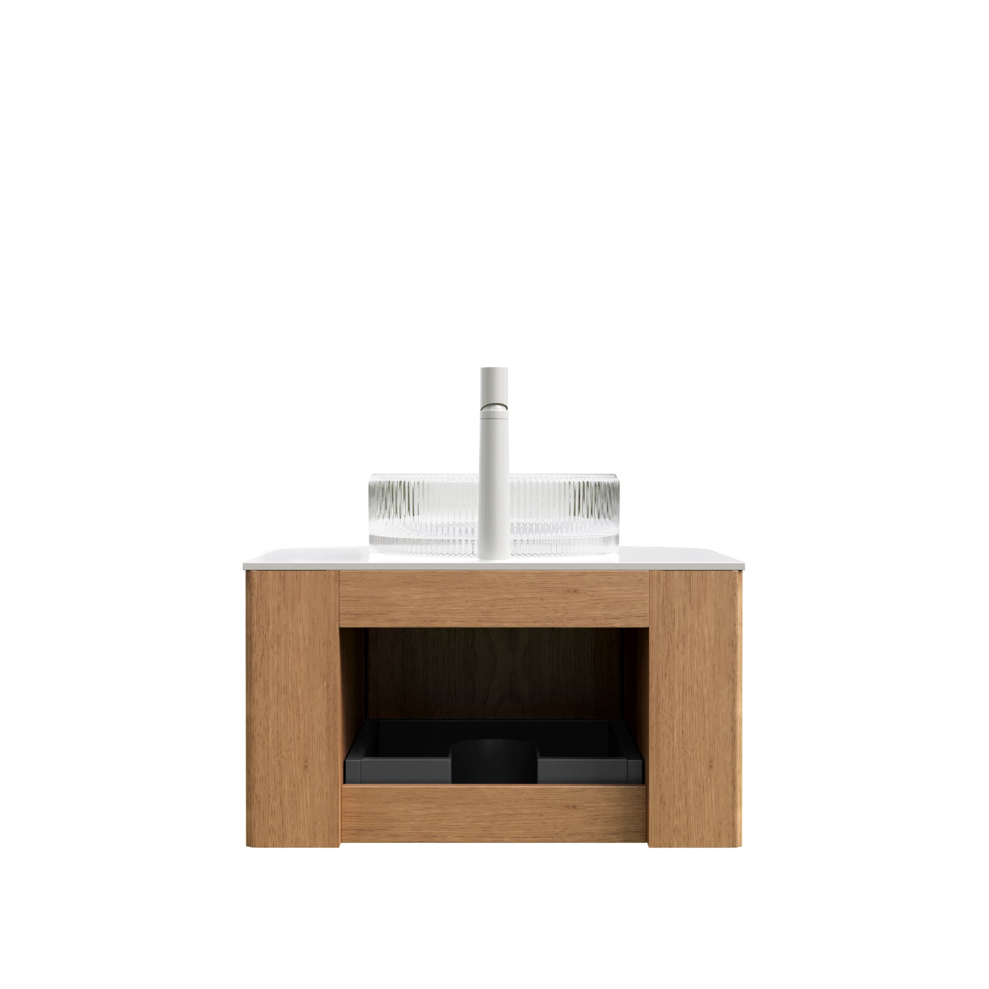 DINA 24" Bathroom Vanity with Sink, Wall-Mounted Floating Curved Edges Striped Storage Cabinet with Drawer, Transparent Round Glass Basin and Countertop, Pre-assembled, Natural Woodgrain Color image 4