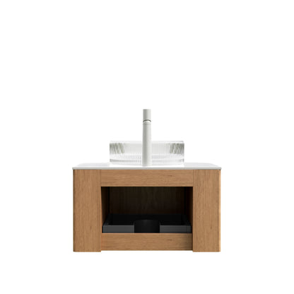 DINA 24" Bathroom Vanity with Sink, Wall-Mounted Floating Curved Edges Striped Storage Cabinet with Drawer, Transparent Round Glass Basin and Countertop, Pre-assembled, Natural Woodgrain Color image 4