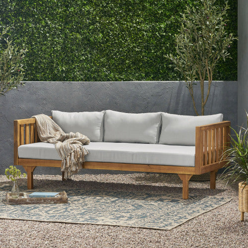 Acacia Wood Patio Furniture Set,Outdoor 3 Seater Daybed(with Water Resistant Thick Cushions)and Round Coffee Table, Light Gray Cushion image 7