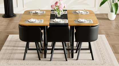 7-Piece Rectangular Dining Table Set, Fixed Two-Tone Wood Grain & Black Triamine Tabletop with 6 Black PU Leather Chairs, Modern Kitchen Table Set for 6 People, Ideal for Small Spaces, Apartment image 3