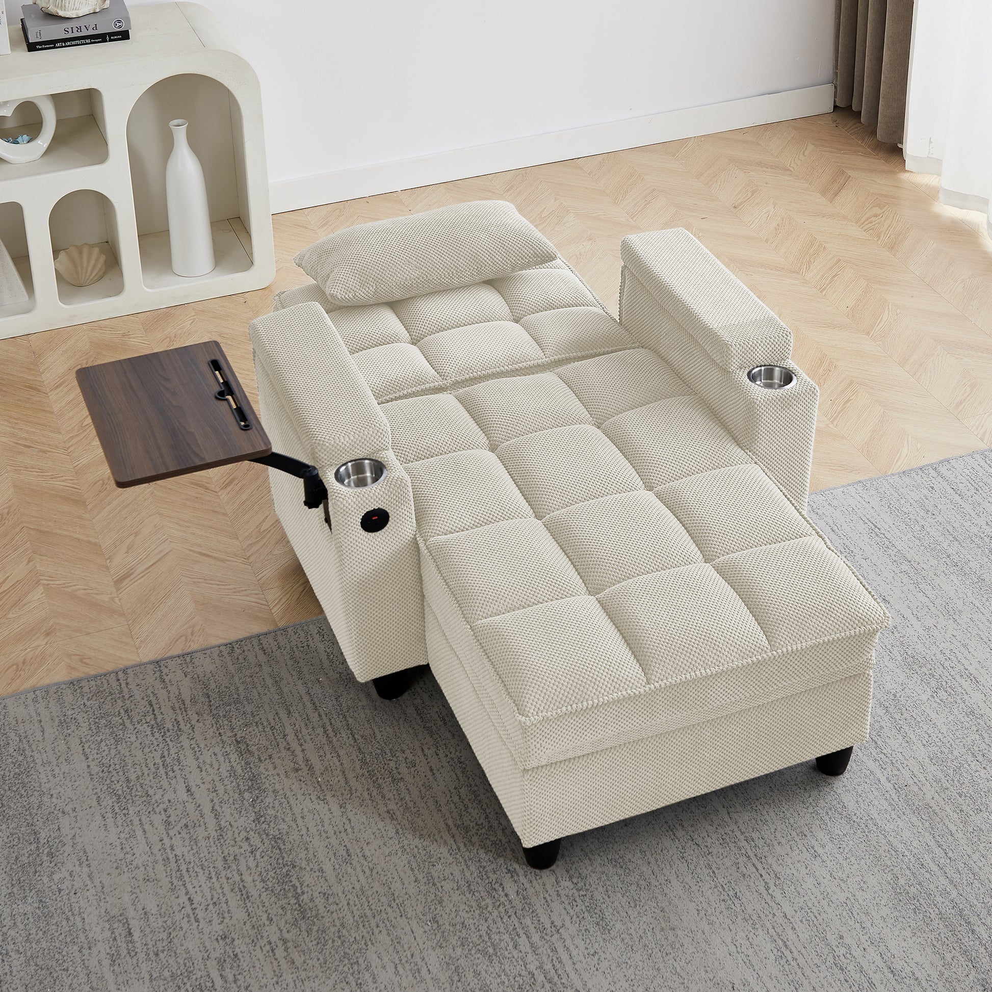 Beige Chaise Lounge Sofa,Sleeper Chair Bed with 6-Position Adjustable Backrest,USB Ports, Cup Holder and Swivel Side Table image 4