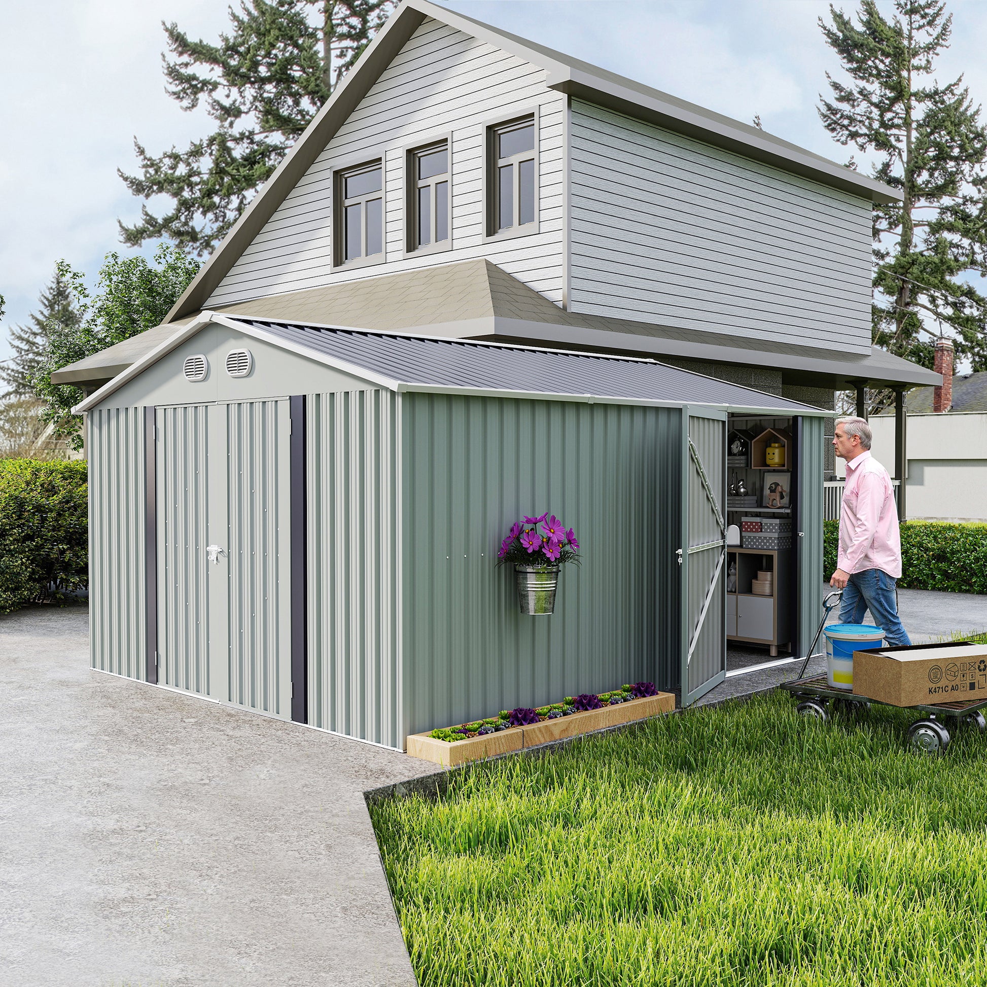 10x12 FT Outdoor Metal Storage Shed, Large Storage Sheds with Sturdy Frame Structure, Metal Garden Tool Shed with Lockable Door for Garden,Gift a foldable flower pot stand, Backyard, WHITE image 12