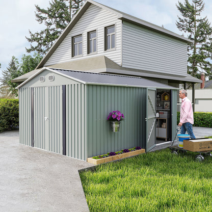 10x12 FT Outdoor Metal Storage Shed, Large Storage Sheds with Sturdy Frame Structure, Metal Garden Tool Shed with Lockable Door for Garden,Gift a foldable flower pot stand, Backyard, WHITE image 12