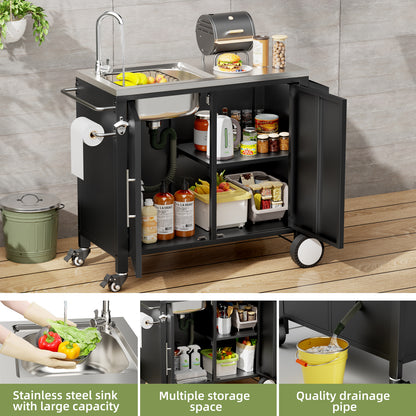 Outdoor Grill Table with Sink, Grill Cart with 304 Stainless Steel Sink and Cabinet, Outdoor Grill Cart,Outdoor Cart Sink Station with Wheels, L38" x W18" x H35" image 12