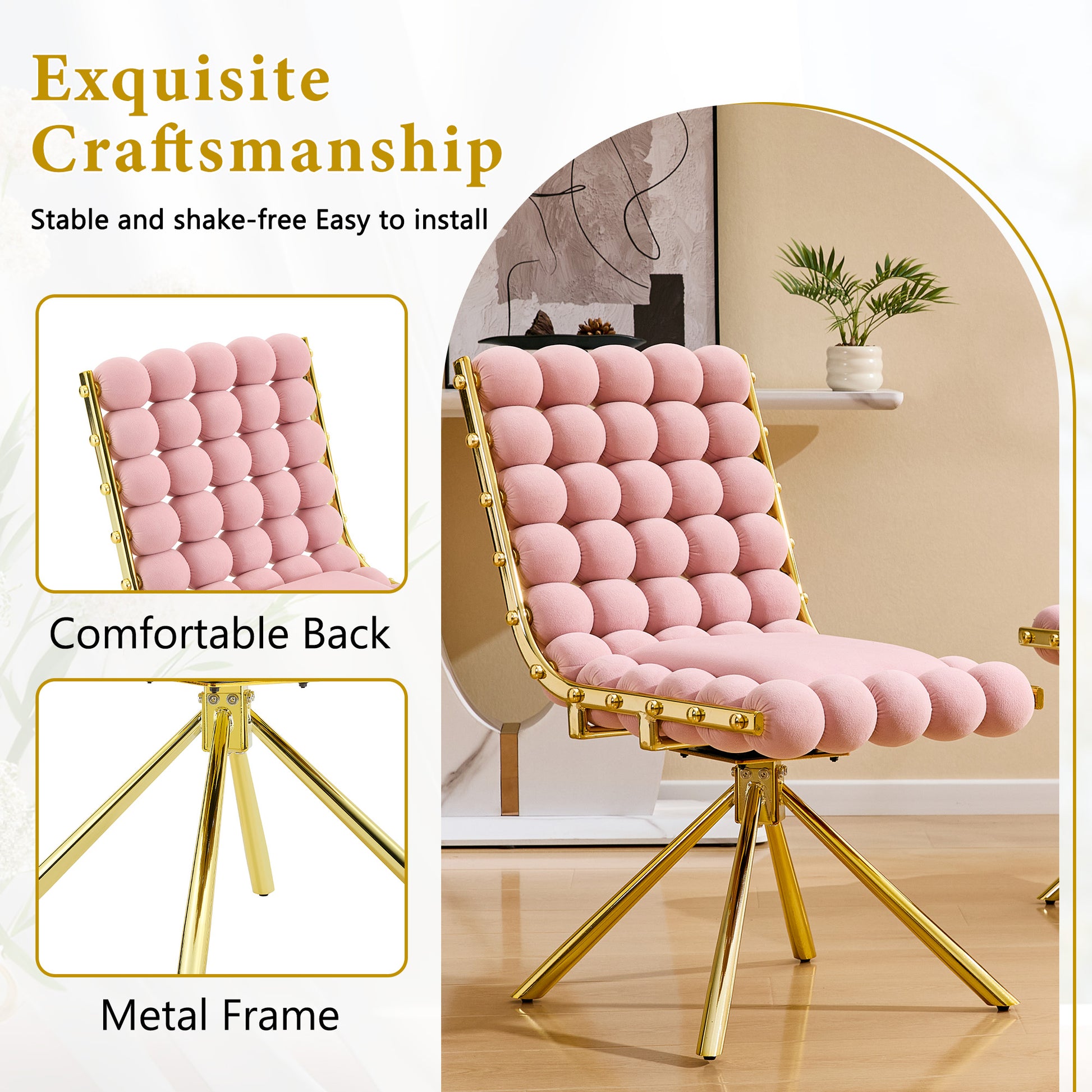 Set of 2 Modern Pink Bubble Tufted Accent Chair, Plush Velvet Swivel Chair with Gold Metal Legs, Ergonomic Armless Chair for Living Room, Bedroom & Dining Area image 4