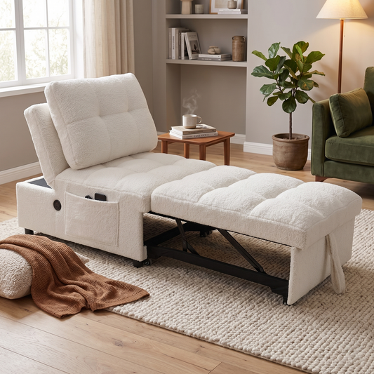 Single sofa bed without armrests, soft teddy fabric texture, skin-friendly, built-in USB charging port, side storage pocket, adjustable backrest, suitable for small apartment living rooms or studies image 1