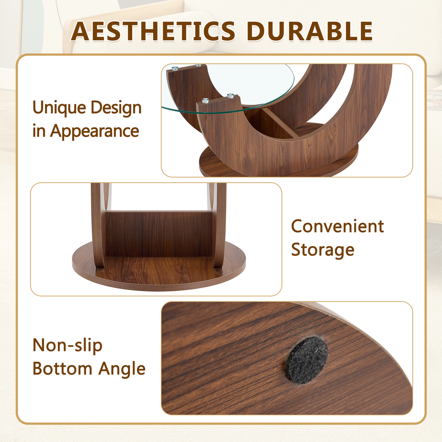 Creative U-Shaped Double-Tier Glass Coffee Table with Walnut MDF Base - styled with decorative items on upper tier