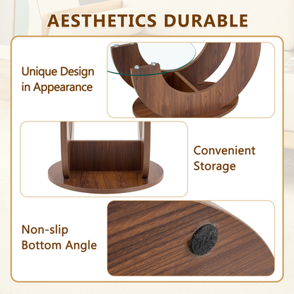 Creative U-Shaped Double-Tier Glass Coffee Table with Walnut MDF Base - styled with decorative items on upper tier