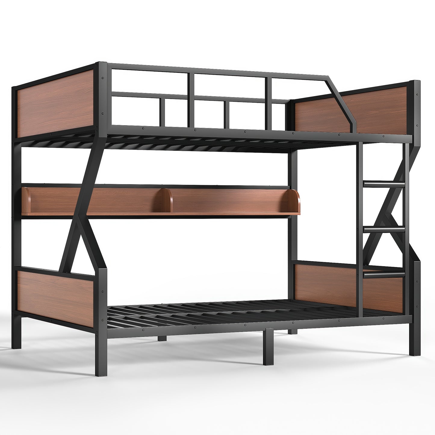 Full over Full Bunk Bed, Metal Bunk Bed with Storage Shelves and Lights, Space-saving & Noise-free Design, Black image 9