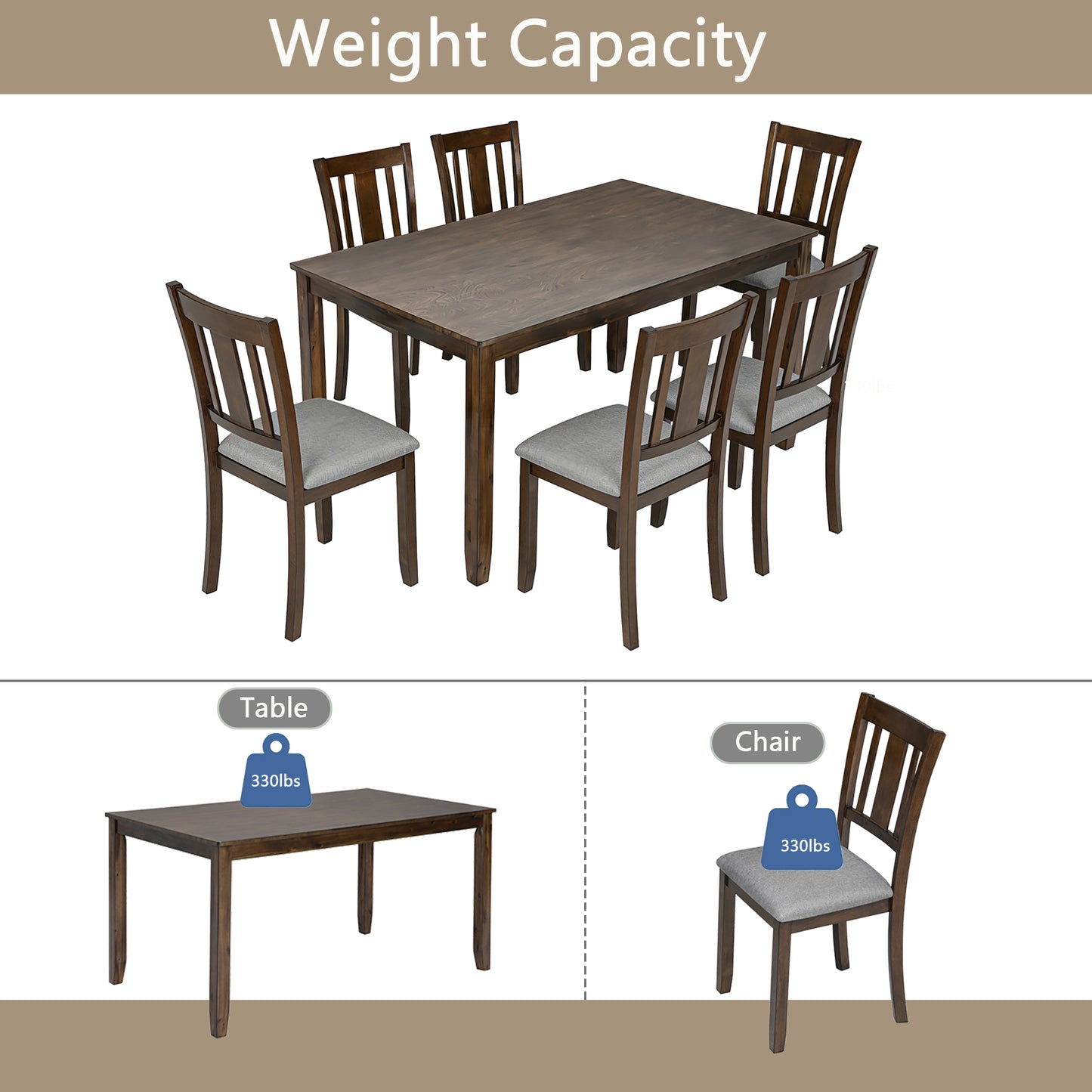 Modern 7-Piece Dining Table Set with 6 Upholstered Chairs, Wooden Rectangular Dining Table Set for 6 with Chairs, for Dining Room, Kitchen, Restaurant, Walnut image 6