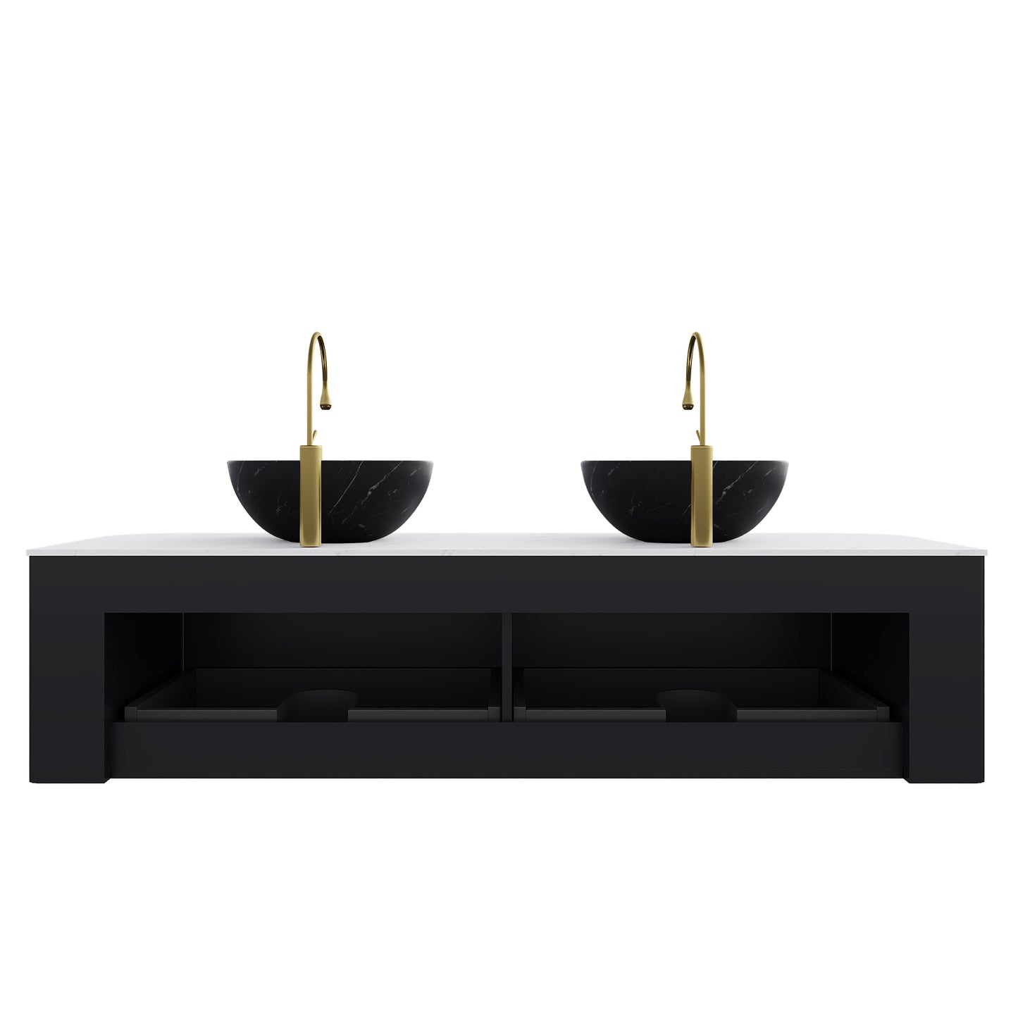 DINA 60" Bathroom Vanity&Sinks, Floating Curved Edges Striped Storage Cabinet with 2 Drawers, 2 Matte Stone Black Bowl Ceramic Basins&Carrara White Sintered Stone Top, Pre-assembled, Black Color image 4