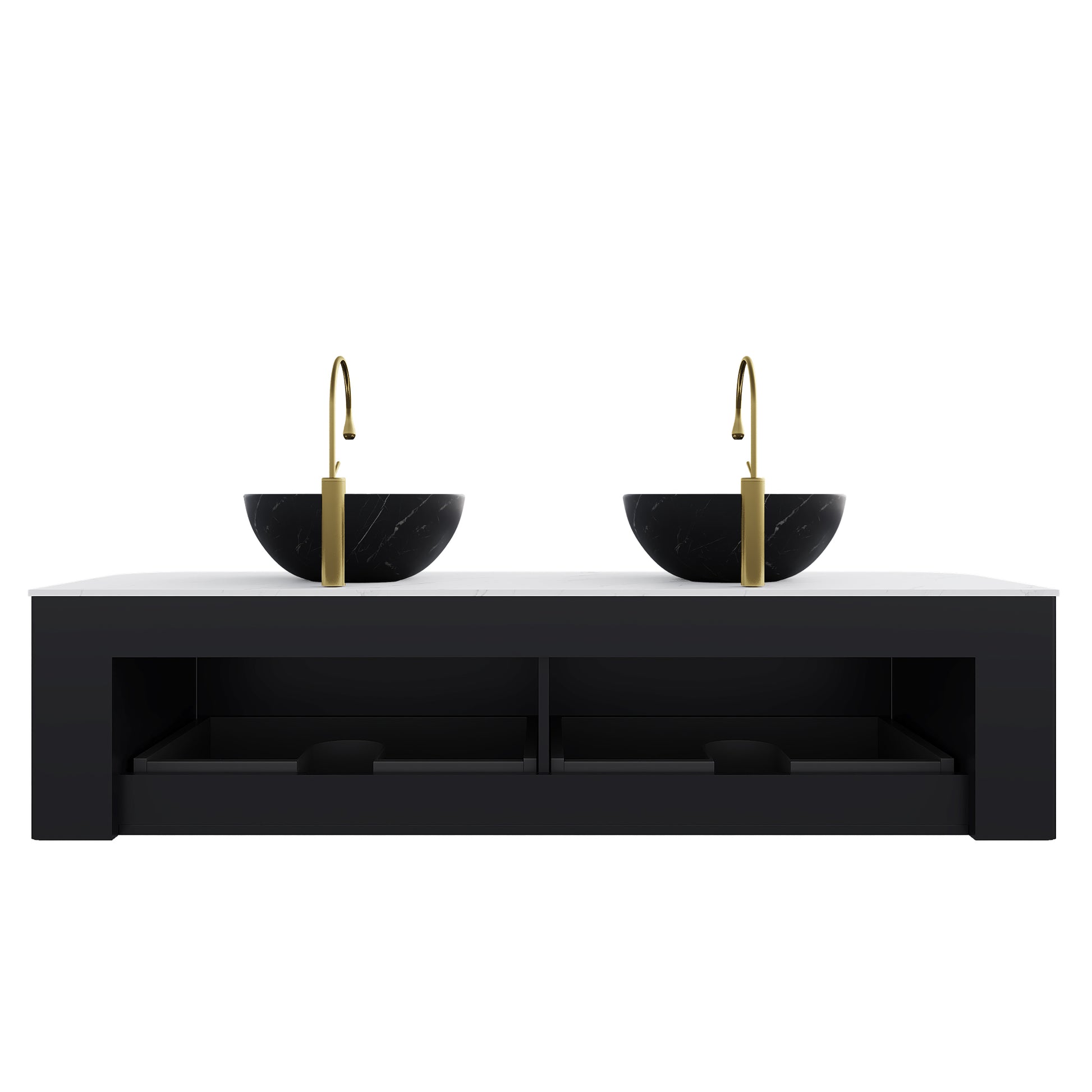 DINA 60" Bathroom Vanity&Sinks, Floating Curved Edges Striped Storage Cabinet with 2 Drawers, 2 Matte Stone Black Bowl Ceramic Basins&Carrara White Sintered Stone Top, Pre-assembled, Black Color image 4