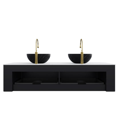 DINA 60" Bathroom Vanity&Sinks, Floating Curved Edges Striped Storage Cabinet with 2 Drawers, 2 Matte Stone Black Bowl Ceramic Basins&Carrara White Sintered Stone Top, Pre-assembled, Black Color image 4