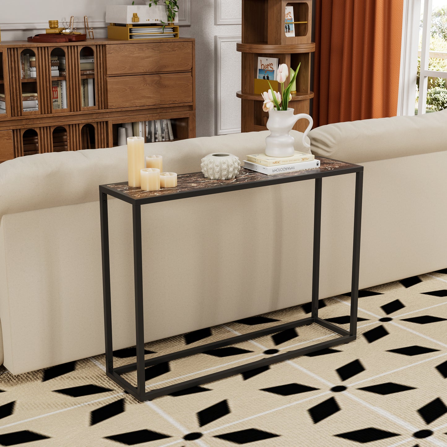 Narrow console table, high-end edge wrapped foyer table, entrance, industrial corridor table, living room, foyer, rural brown and black image 4