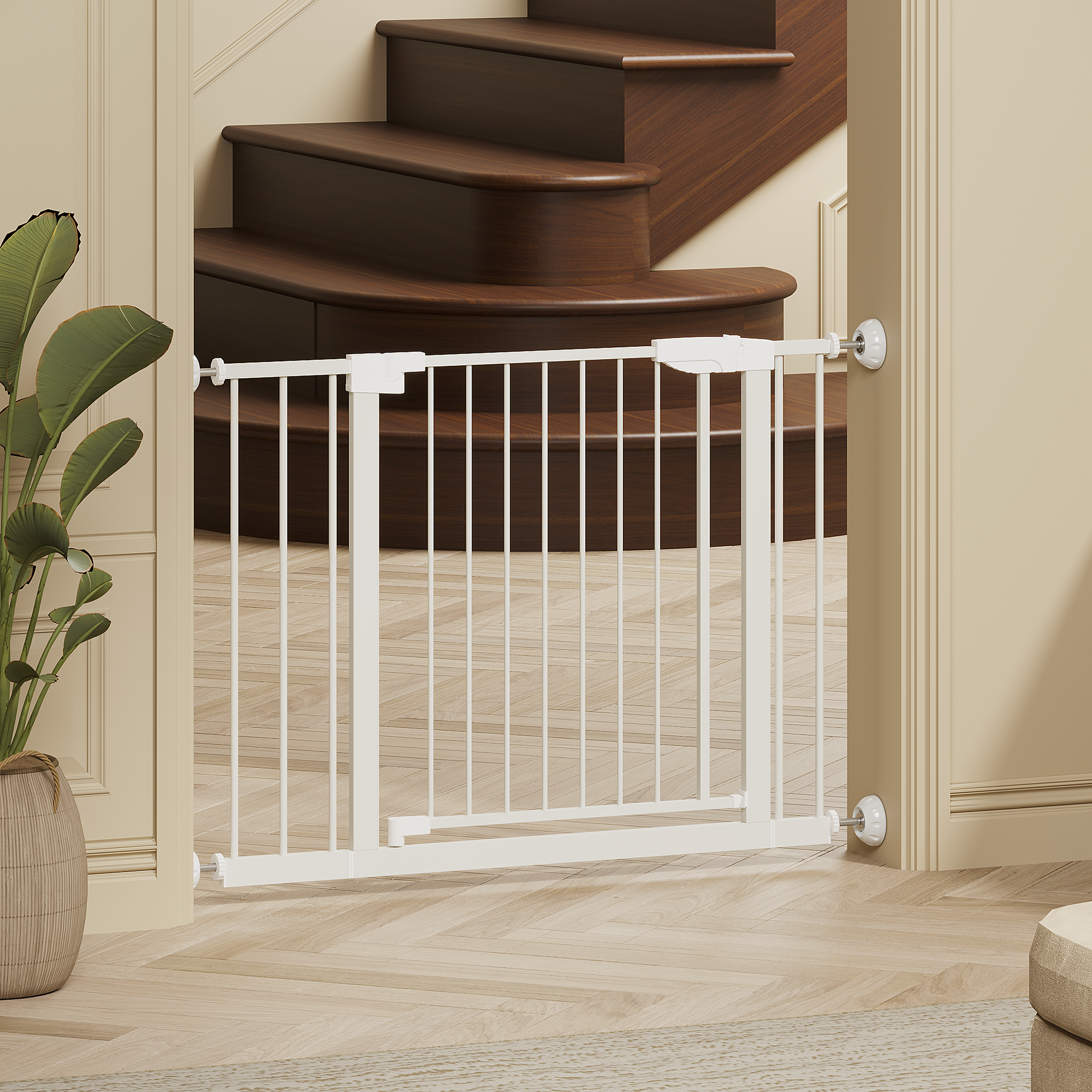 29.5-45.3" Wide Baby Gate with wall protector for Stairs, Dog Gate Indoor for Doorways, No Drilling Pressure Mounted Pet Gates for Kids, Easy Walk Through Safety Gate, White image 8