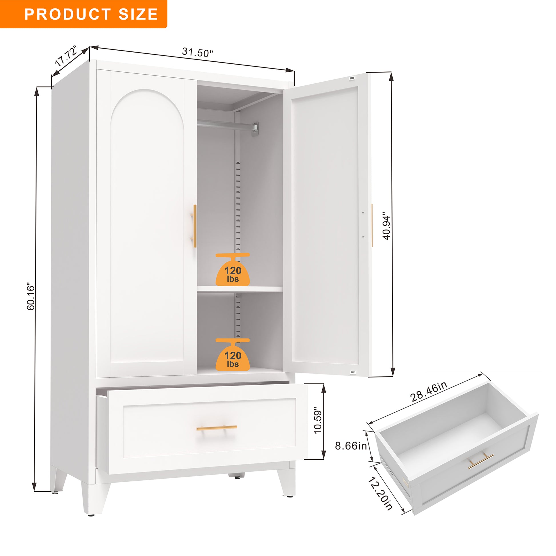 60" Tall Metal Wardrobe Cabinet with 1 Drawer and Hanging Rod, 2 Doors Wardrobe Closet with Shelf for Bedroom, Office, Laundry Room,Entryway,Foyer,Guesthouse (White) image 10