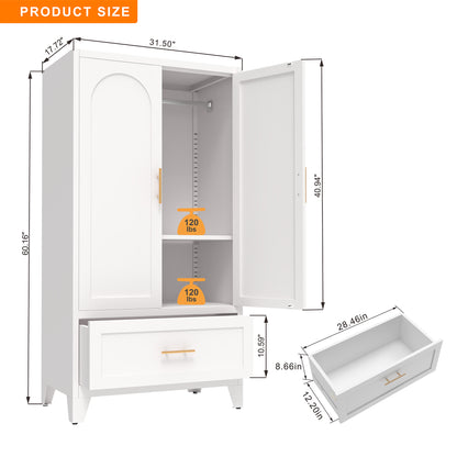 60" Tall Metal Wardrobe Cabinet with 1 Drawer and Hanging Rod, 2 Doors Wardrobe Closet with Shelf for Bedroom, Office, Laundry Room,Entryway,Foyer,Guesthouse (White) image 10