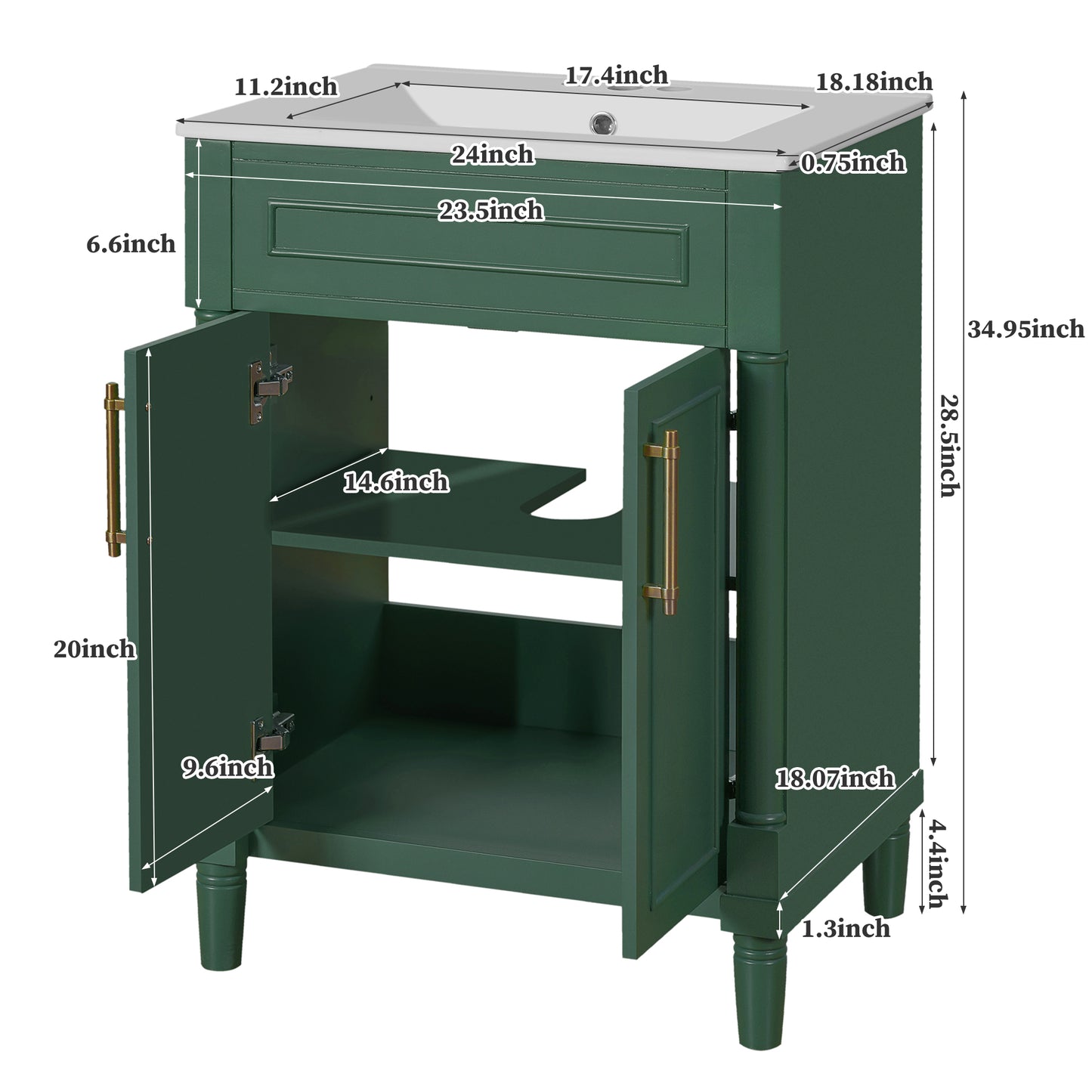 24" Bathroom Vanity with Integrated Ceramic Sink, Bathroom Cabinet with 2 Doors, Single Sink Bathroom Vanity for Small and Medium Restroom image 8