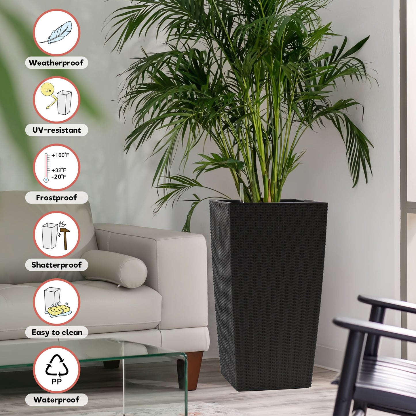 30 in Tall Large Flower Pots Planter with Self-Watering Drainage Holes&Inner Trays Indoor Outdoor Plant Pot with Drain Holes, Water Level Monitor,Inner Bucket for Garden, Patio, Porch, Backyard, Black image 6