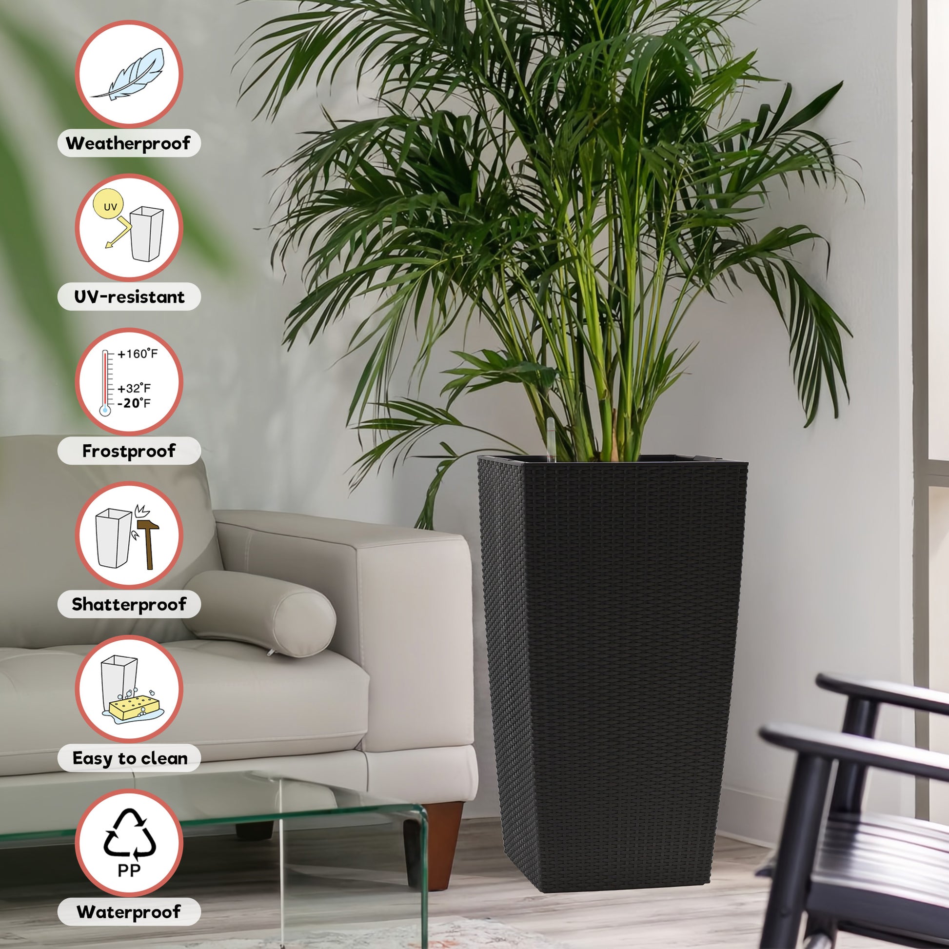 30 in Tall Large Flower Pots Planter with Self-Watering Drainage Holes&Inner Trays Indoor Outdoor Plant Pot with Drain Holes, Water Level Monitor,Inner Bucket for Garden, Patio, Porch, Backyard, Black image 6