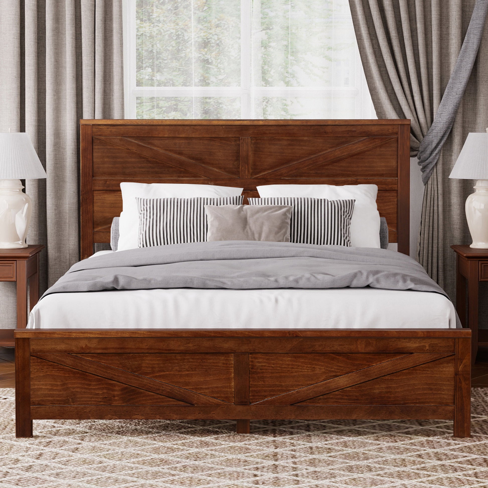 Farmhouse Style Queen Size Bed with Barn Door Designed Headboard and Footboard, Pinewood Bed with Strengthened Bed Frame,Walnut image 1