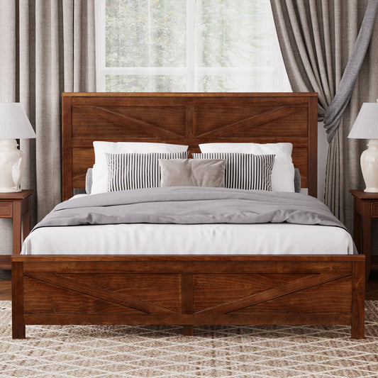 Farmhouse queen bed with barn door headboard and footboard in walnut finish - front view