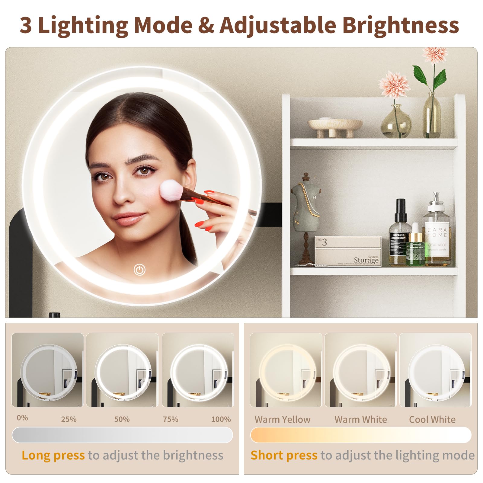 Small Vanity Desk with Mirror and Lights, Makeup Vanity Table with LED Mirror, 3 Lighting Modes, Power Outlet, Drawer, Open Shelves and Cushioned Stool for Bedroom (White and Black) image 6