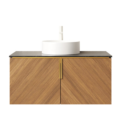 ARAI 36" Bathroom Vanity with Sink, Wall-Mounted Plywood Bathroom Storage Cabinet with Double Doors, Black Sintered Stone Countertop and White Round Ceramic Vessel Basin, Brown Oak Woodgrain Color image 3