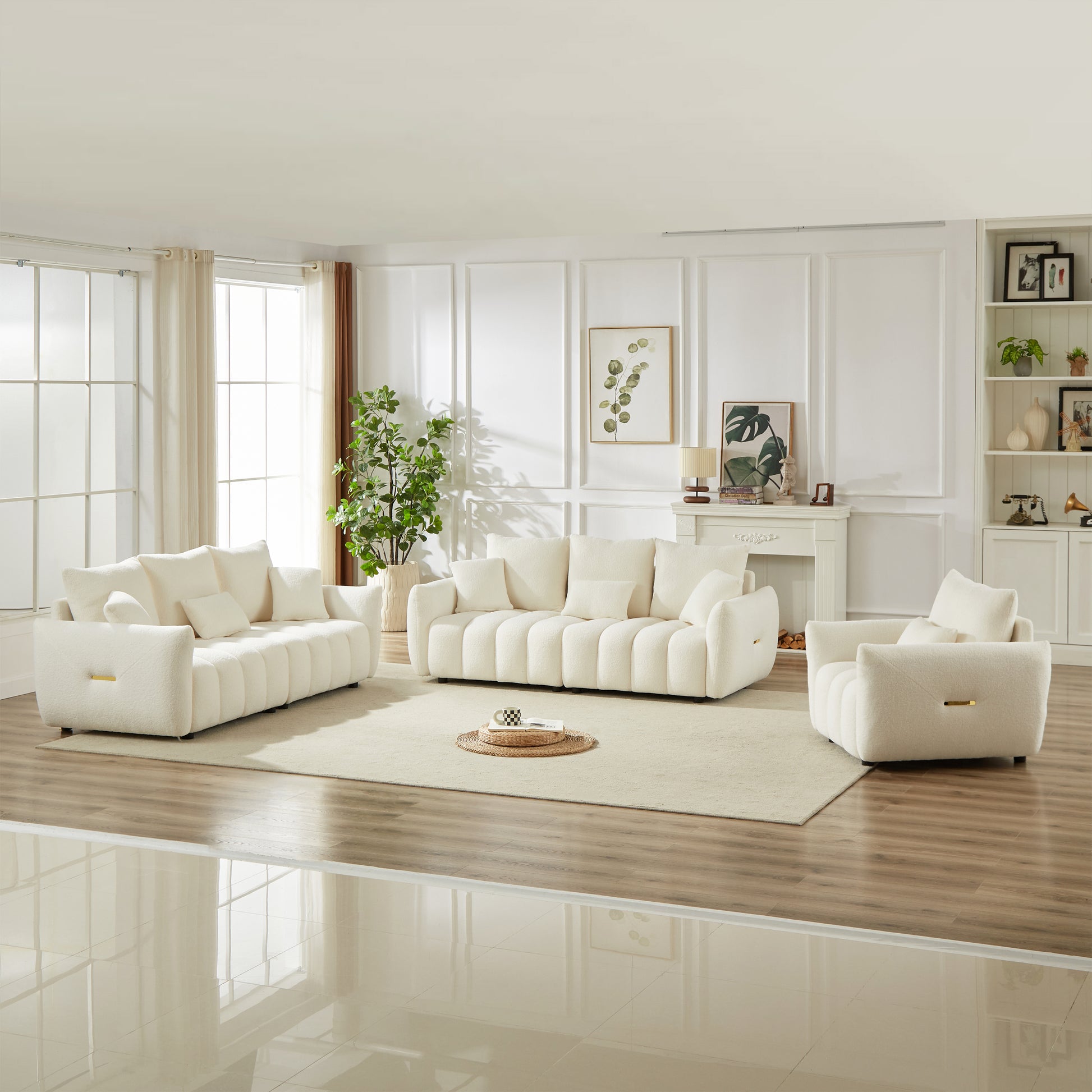 1 Seater + 3 Seater + 3 Seater, Combo Sofa Modern Living Room Sofa, Teddy Sofa, Wooden Frame, 7 Cushions, Apartment Sofa Furniture image 1