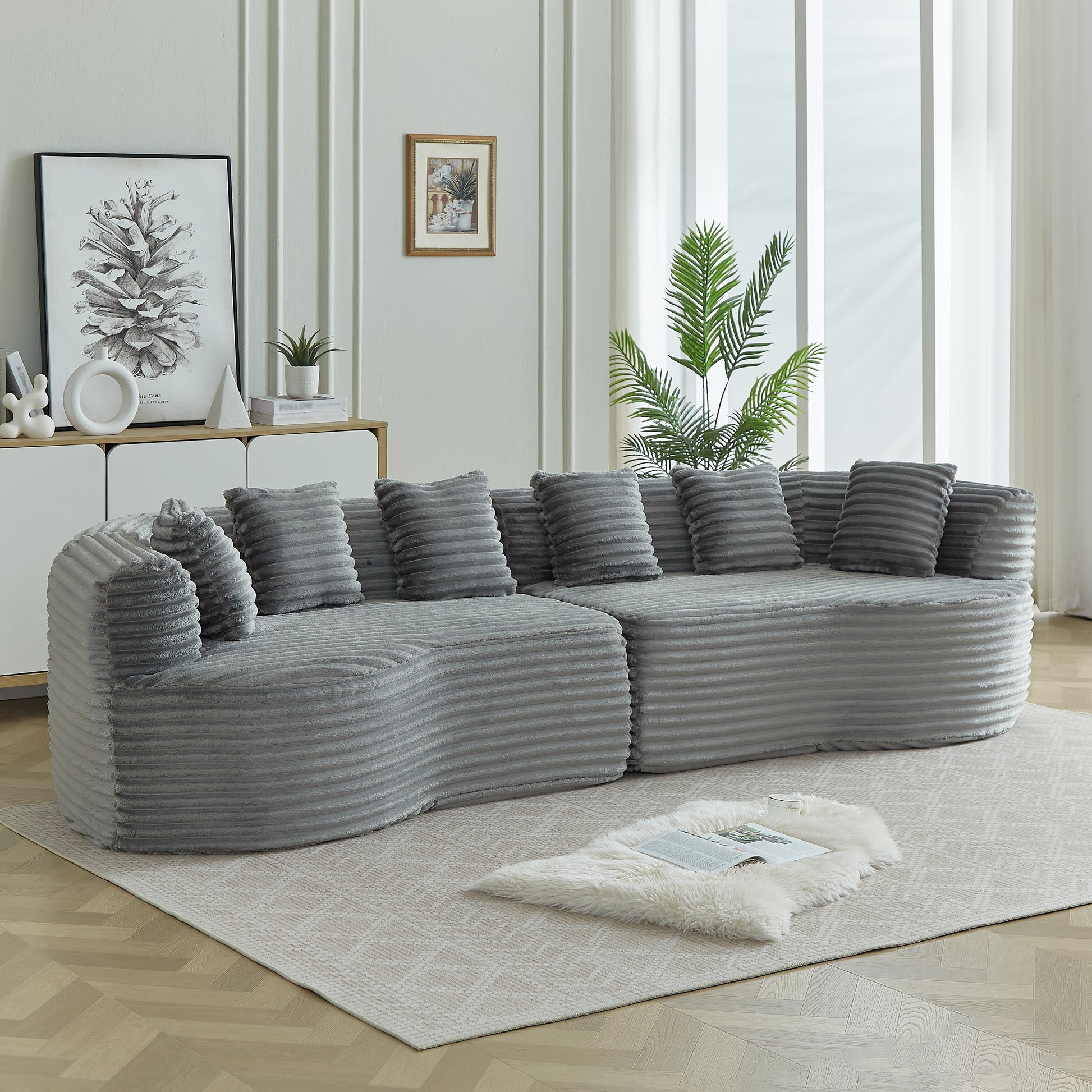 Curved Sectional Sofa, 111.5-inch Oversized Modern Bone-Free Cloud Sofa with 6 Pillows Luxury Corduroy Four-Seater Memory Foam Sofa with Deep Seat Design,grey W3505P355587 image 9