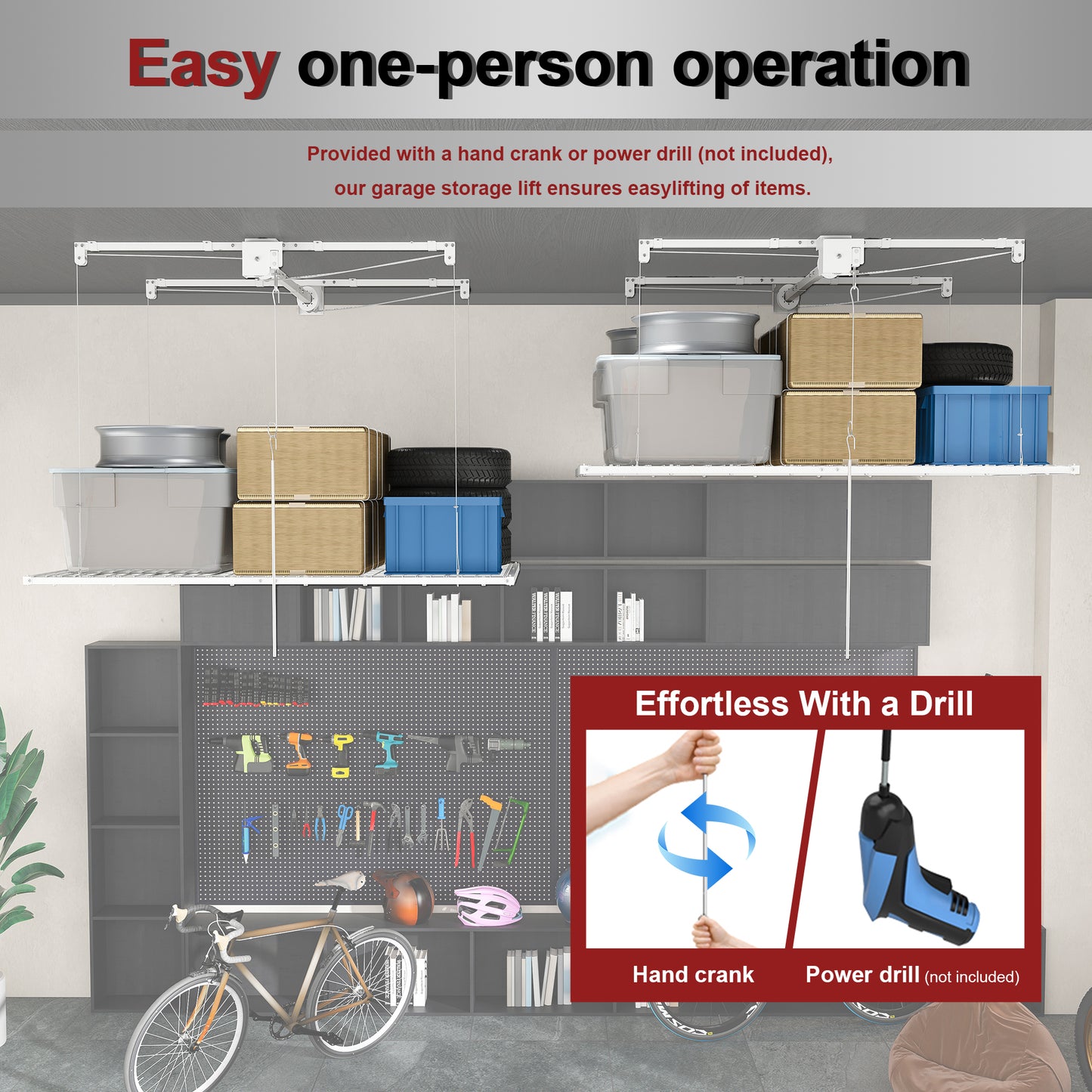 White Overhead Garage Storage Rack 4x8 FT for High Ceilings 10-12 FT, 350LBS Capacity All-Steel Construction with Safety Lock (Installation Required, Heavy-Duty Garage Organizer) image 5