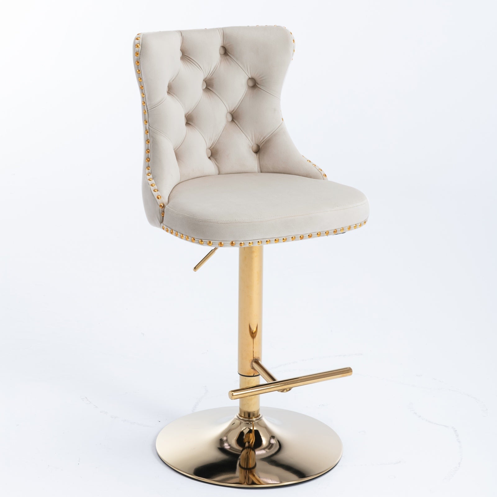 A&A Furniture,Golden Swivel Velvet Barstools Adjusatble Seat Height from 25-33 Inch,Modern Upholstered Bar Stools with Backs Comfortable Tufted for Home Pub and Kitchen Island,Beige,Set of 2 image 4