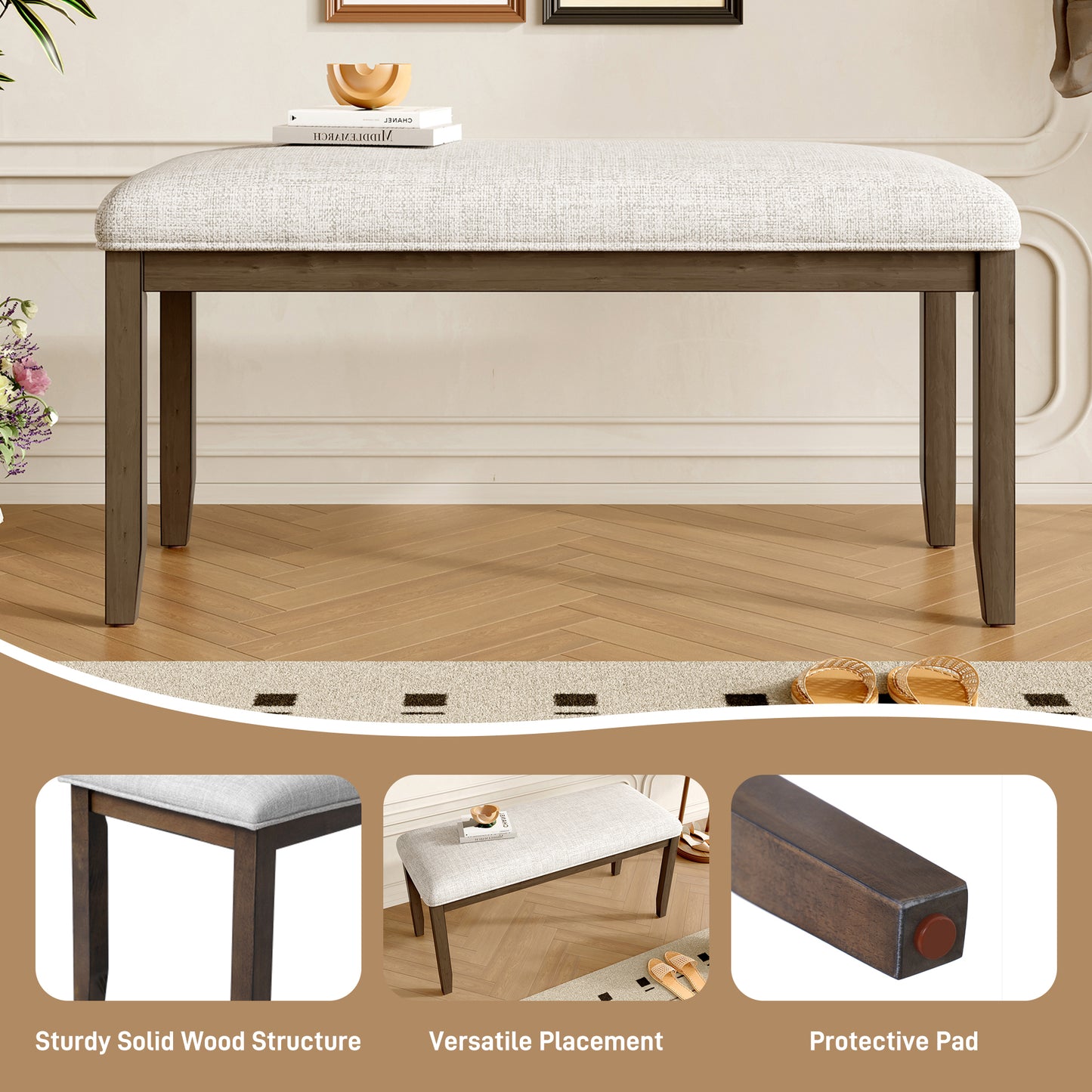 Upholstered Bench for Bedroom End of Bed,38-inch Entryway Bench for Living Room,Dining Bench with Padded Seat and Solid Wood Leg for Kitchen Bedroom,Indoor and Hallway (Bench, Beige+Brown) image 5