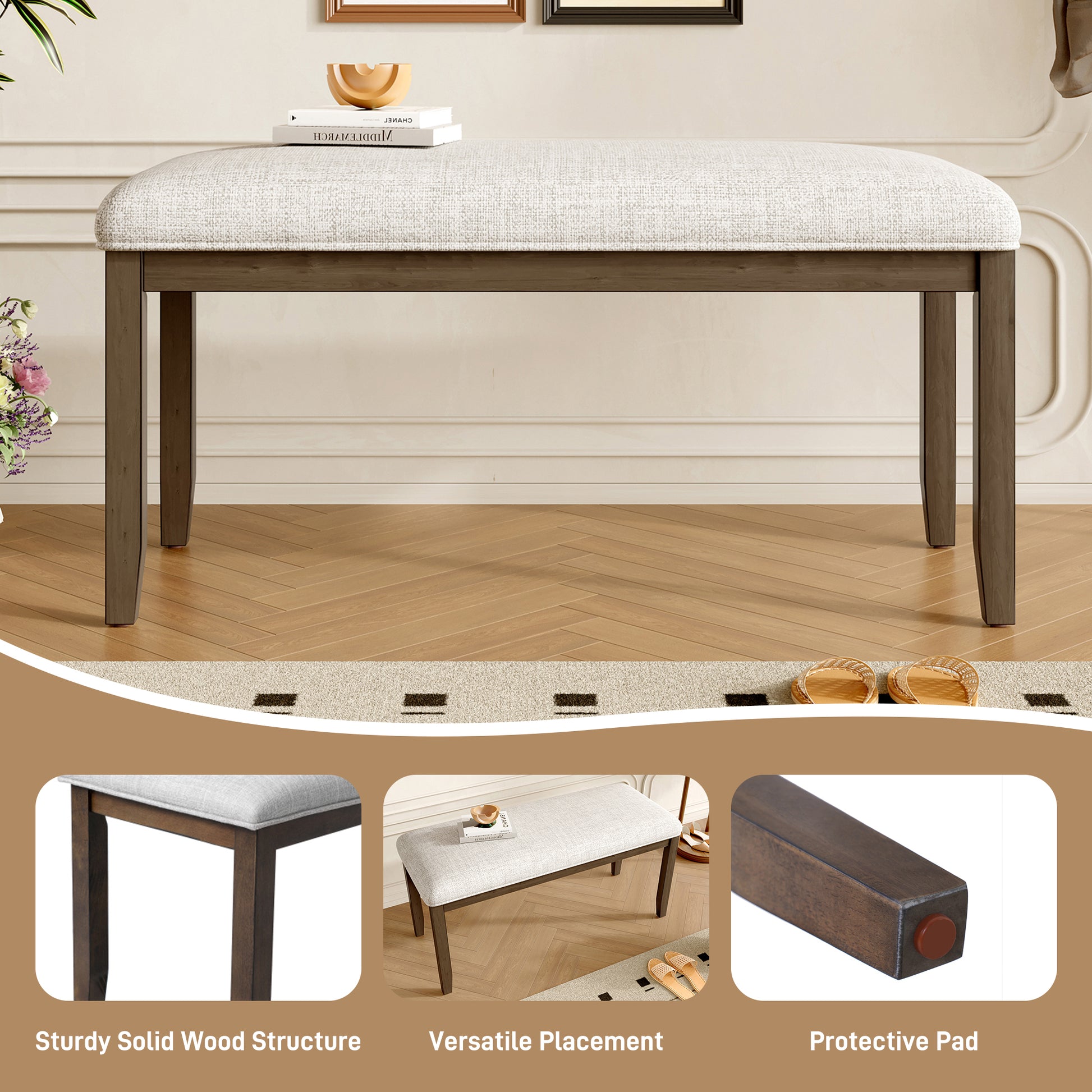 Upholstered Bench for Bedroom End of Bed,38-inch Entryway Bench for Living Room,Dining Bench with Padded Seat and Solid Wood Leg for Kitchen Bedroom,Indoor and Hallway (Bench, Beige+Brown) image 5