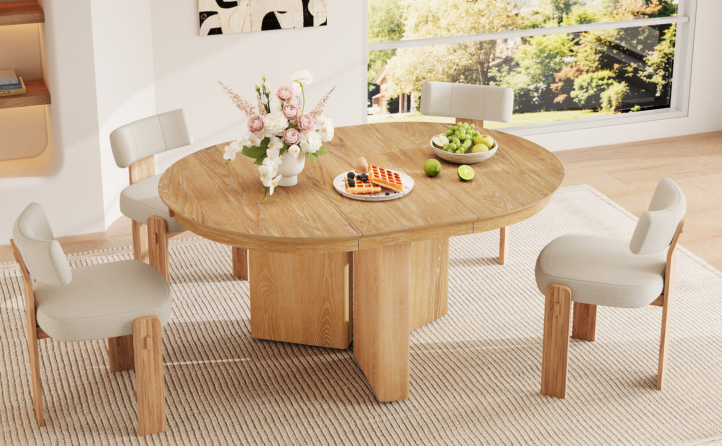 TREXM Oval Extendable Dining Table, Modern Farmhouse Kitchen Table with Pedestal Base and Adjustable Foot Pads for Dining Room, Kitchen (Natural) image 2