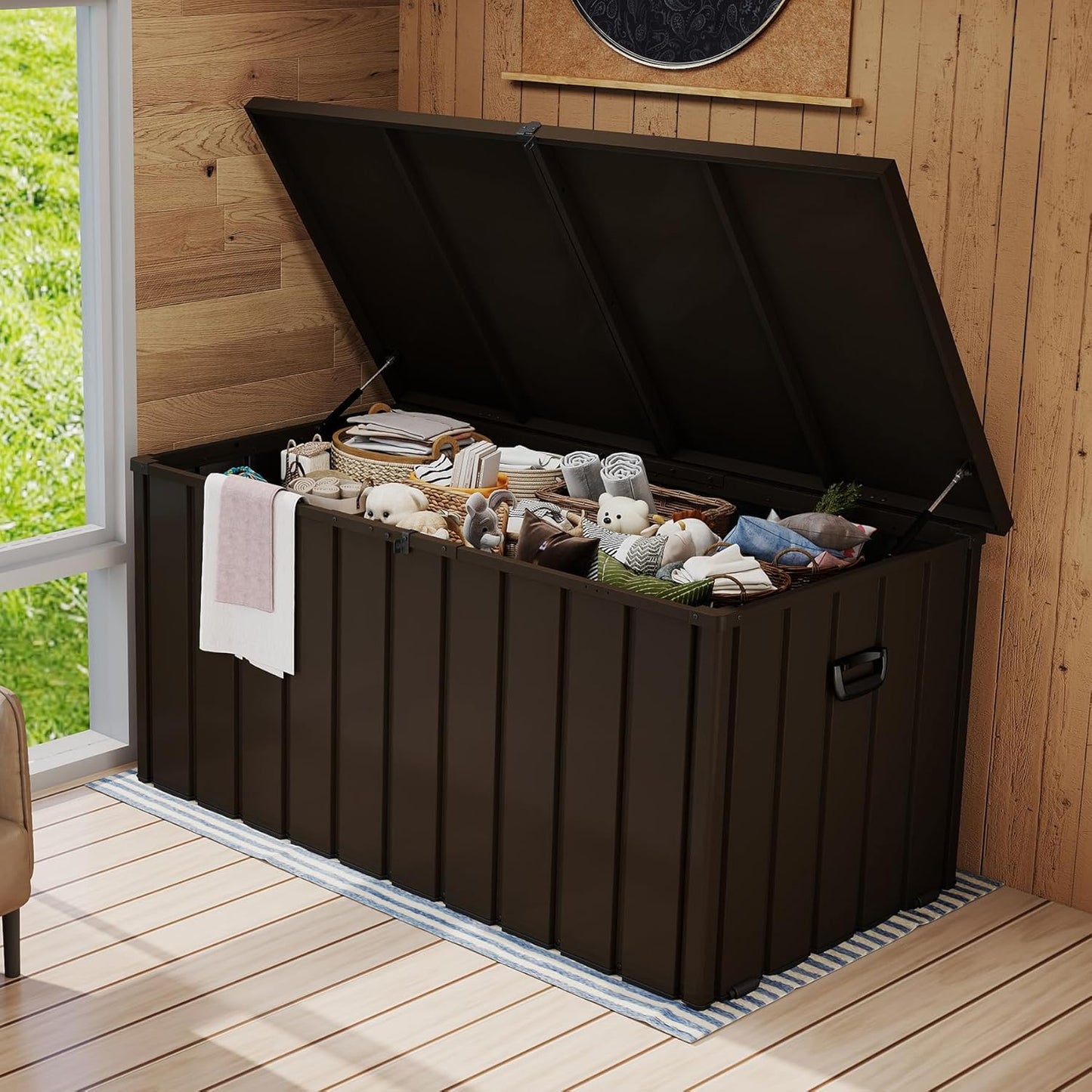 200 Gallon Metal Deck Box, Waterproof Outdoor Storage Box with Lockable Lid, Large Pool Storage Cabinet for Patio Furniture Garden Tools Pool-Supplies, Brown image 8