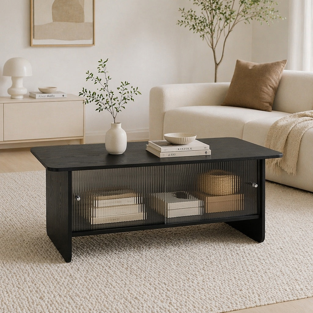 47" Coffee Table With Storage, Rectangular Modern Minimalist Center Table, Fluted Glass Sliding Doors For Living Room Bedroom Guest Room, Black. image 3