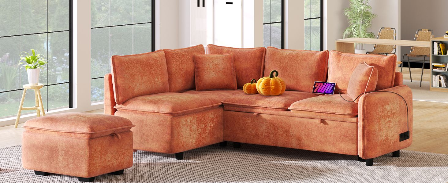 82.67"Convertible Sofa Bed Sectional Sofa Sleeper L-shaped Sofa with a Storage Ottoman,Two Pillows, Two Power Sockets an image 8