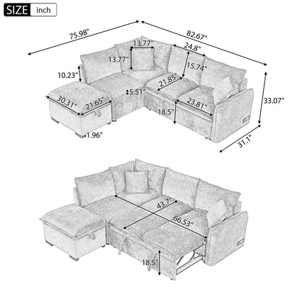 82.67"Convertible Sofa Bed Sectional Sofa Sleeper L-shaped Sofa with a Storage Ottoman,Two Pillows, Two Power Sockets an image 14