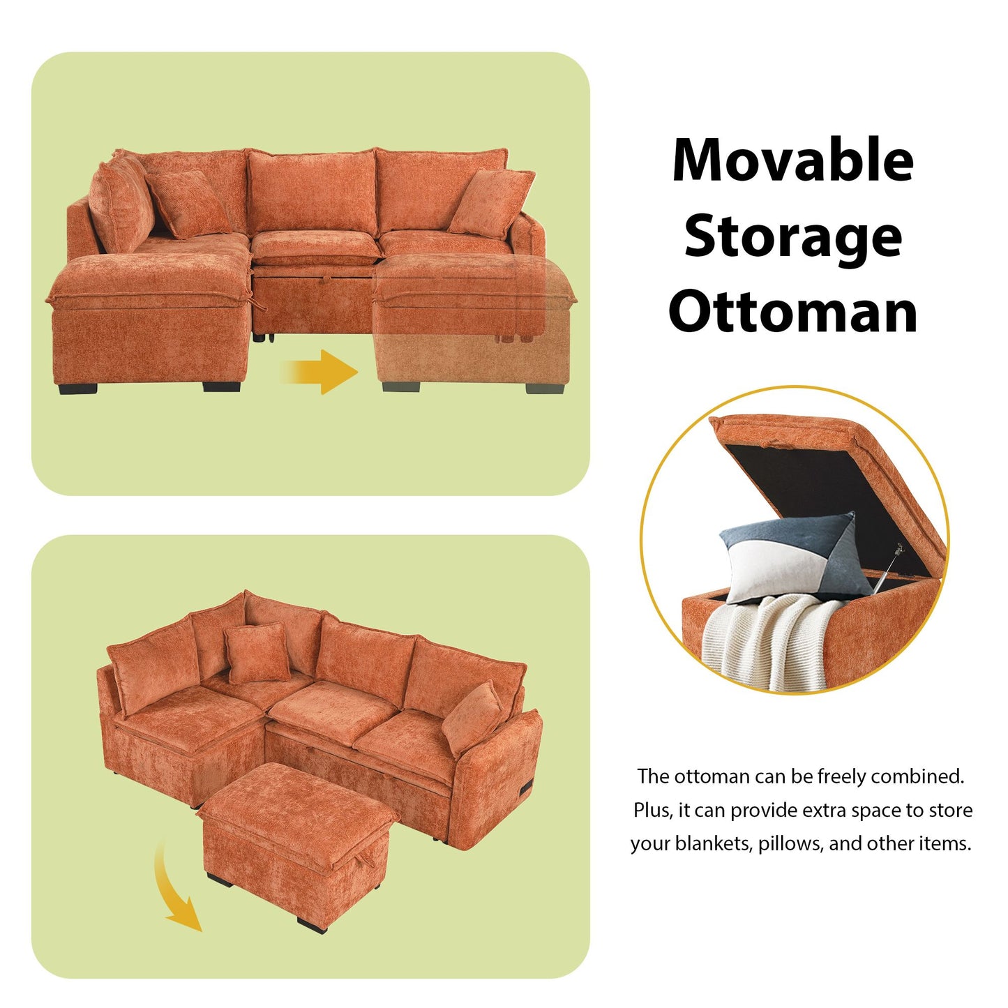 82.67"Convertible Sofa Bed Sectional Sofa Sleeper L-shaped Sofa with a Storage Ottoman,Two Pillows, Two Power Sockets an image 16