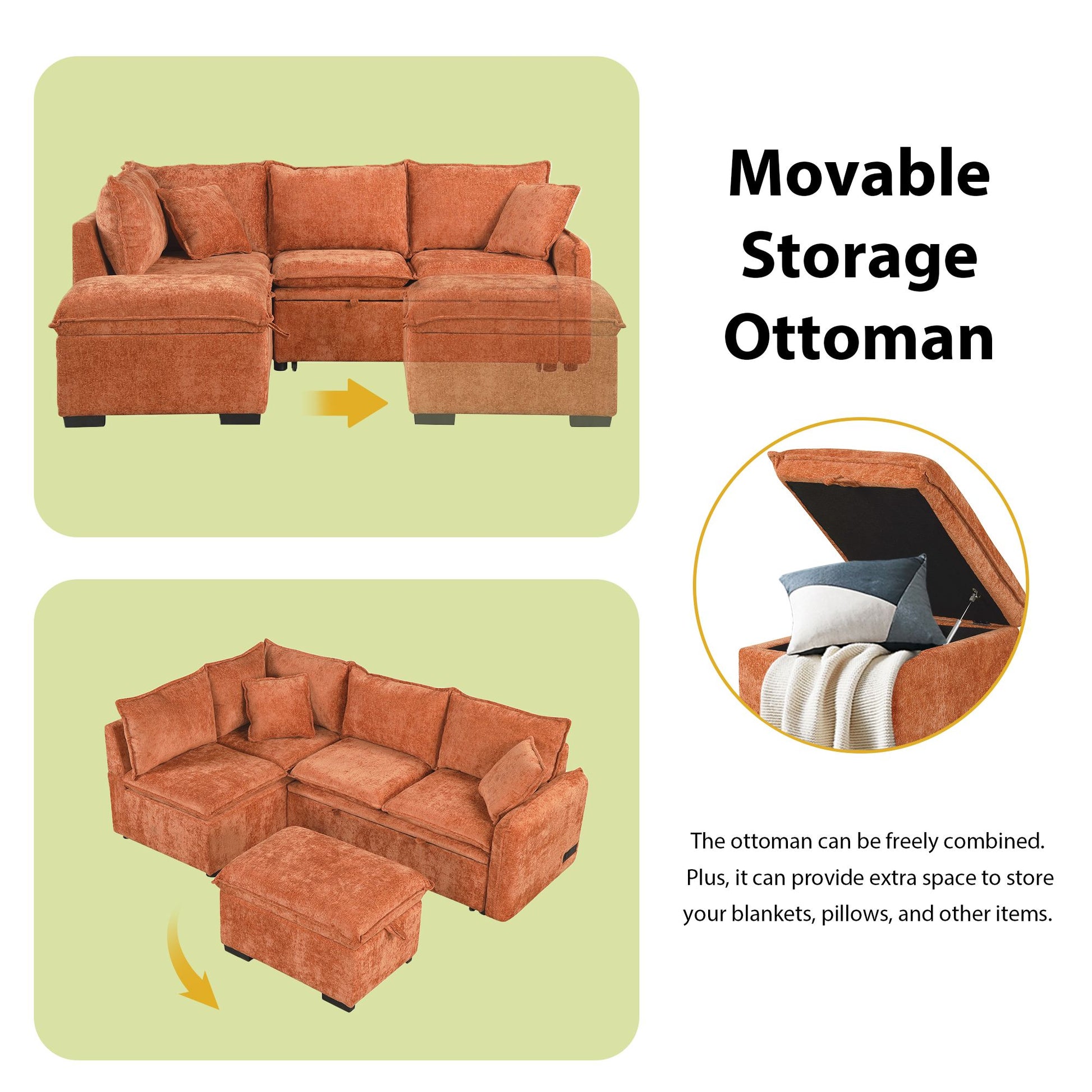 82.67"Convertible Sofa Bed Sectional Sofa Sleeper L-shaped Sofa with a Storage Ottoman,Two Pillows, Two Power Sockets an image 16