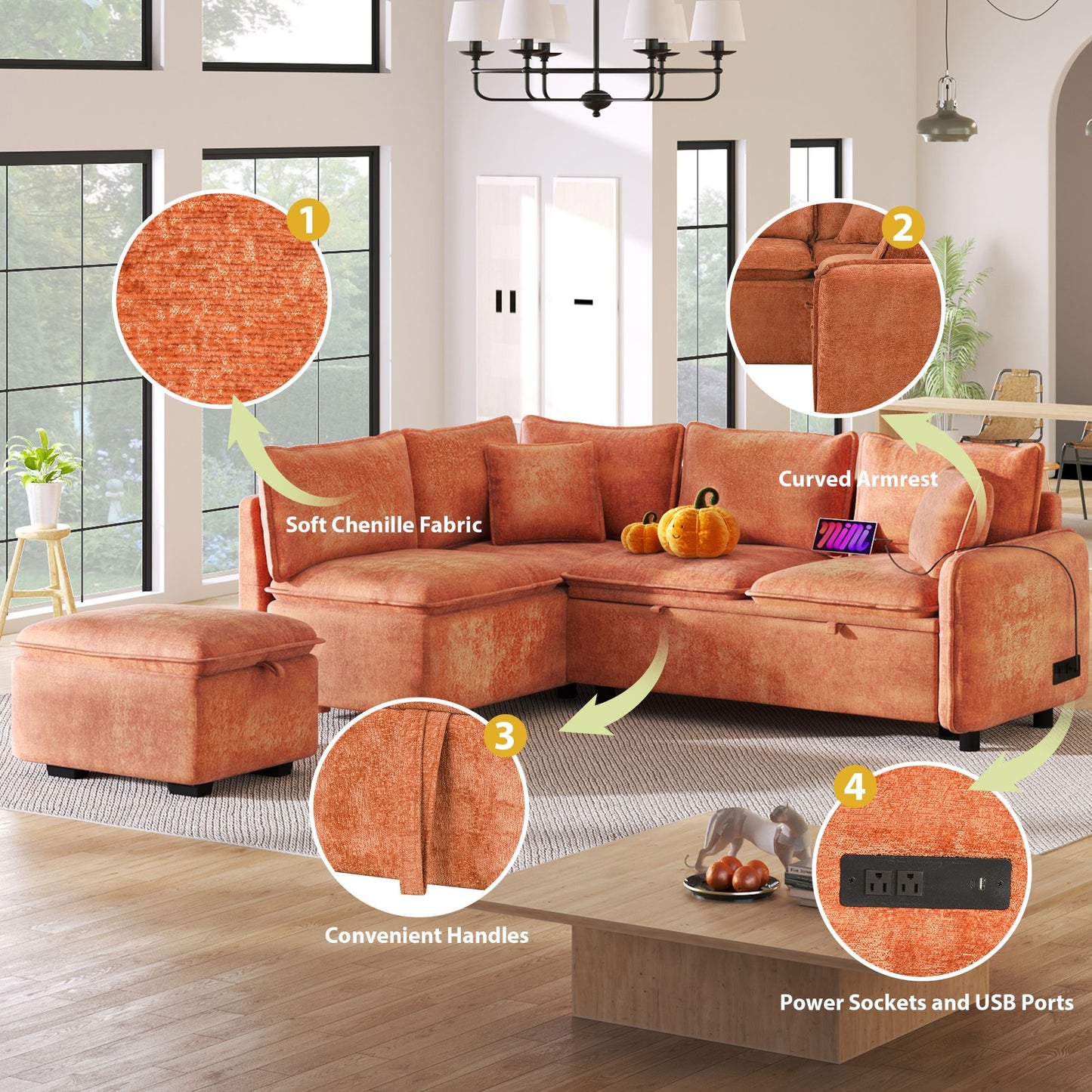 82.67"Convertible Sofa Bed Sectional Sofa Sleeper L-shaped Sofa with a Storage Ottoman,Two Pillows, Two Power Sockets an image 17