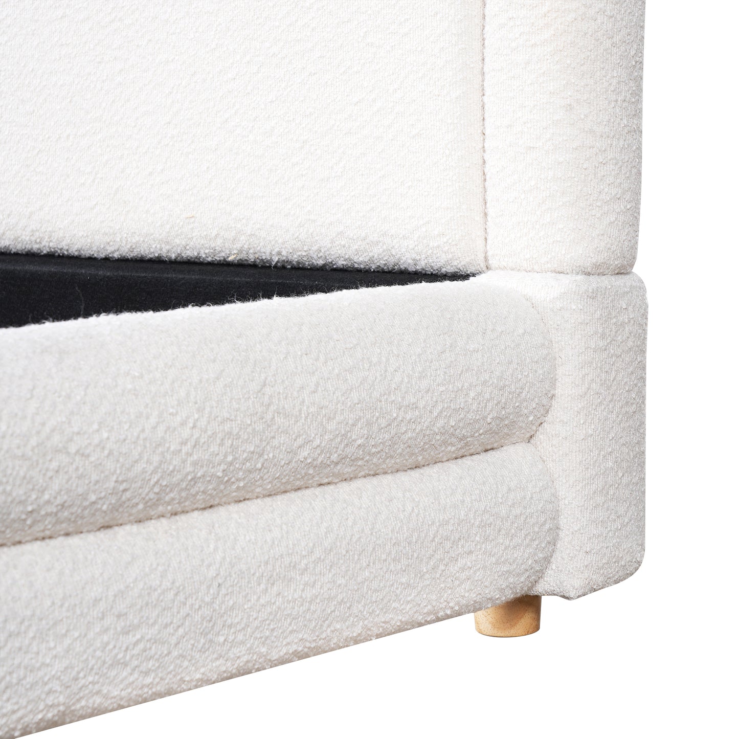 King Size Bed Frame With Boucle Upholstered Thick Curved Headboard, Solid Wood Legs, White image 10