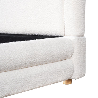 King Size Bed Frame With Boucle Upholstered Thick Curved Headboard, Solid Wood Legs, White image 10