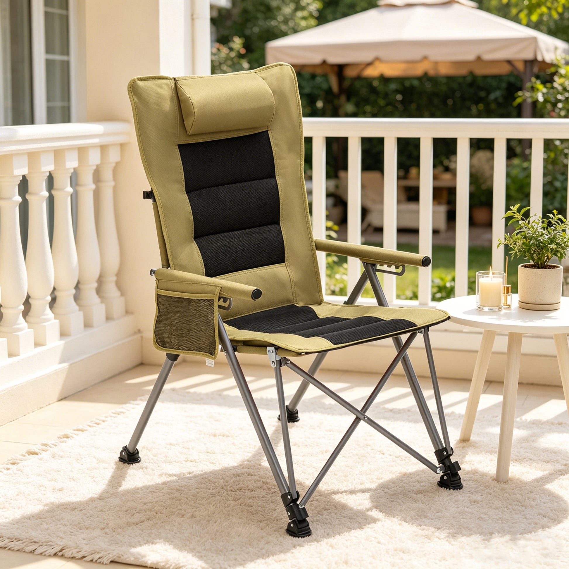 5-Position Adjustable Reclining Camping Chair, Side Pocket & Carry Bag, Heavy Duty, Portable Outdoor Chair for Beach, Camping, Patio,khaki image 6